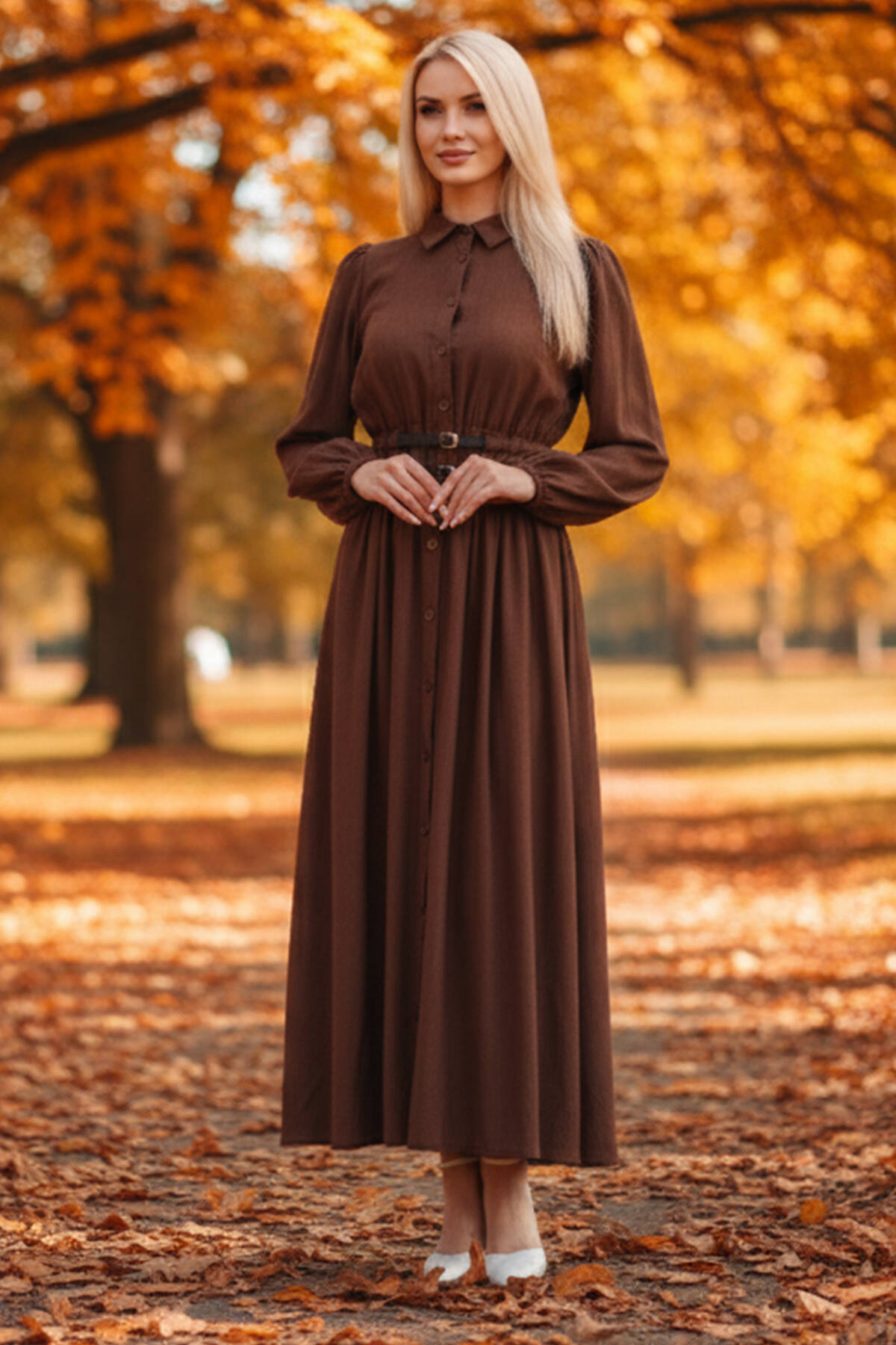 Kahve Boydan Düğme Kapamalı Bileği Lastikli Beli Kemerli Elbise 4593459.05 - Ardanewline