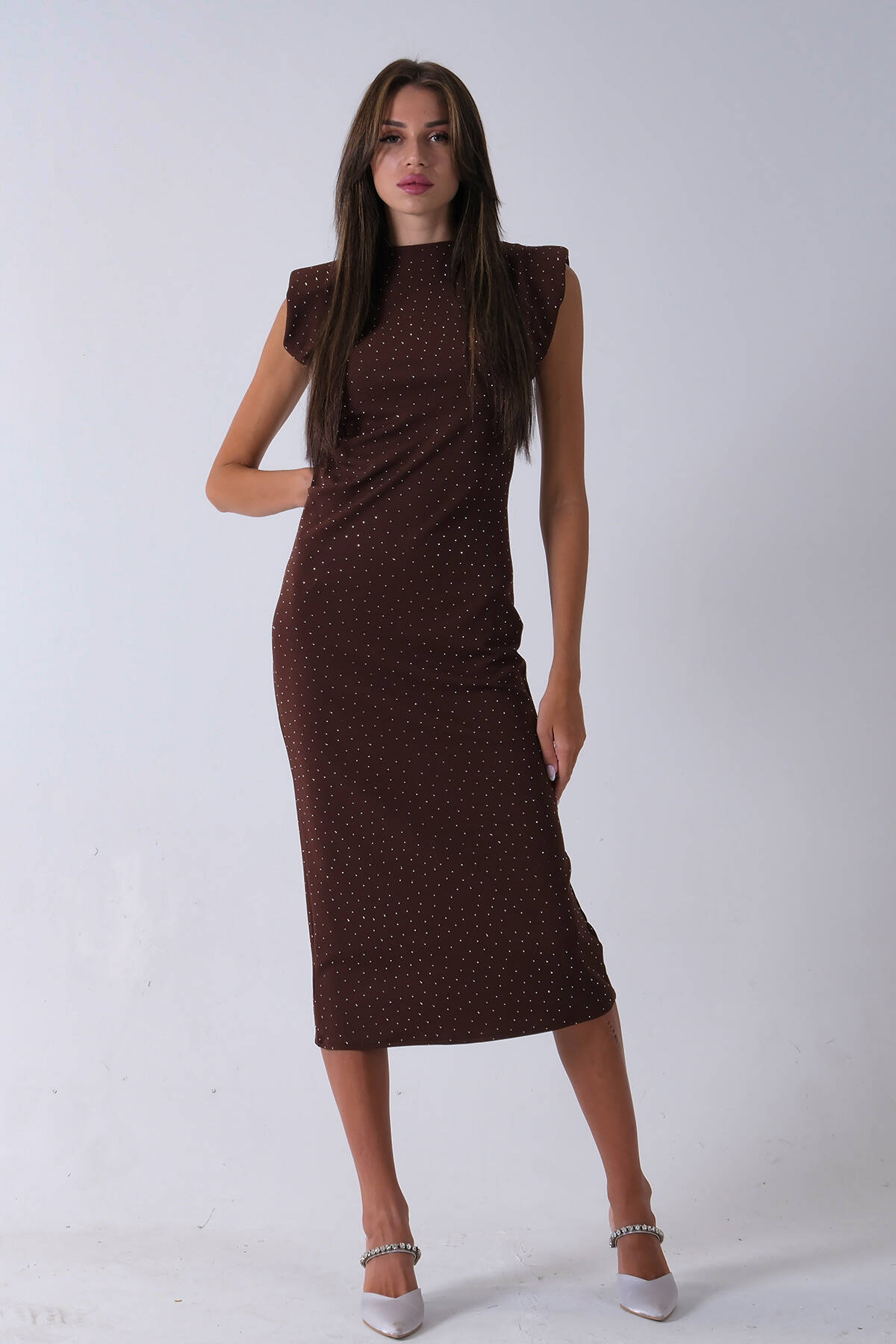 Kahve Büzgülü Üzeri Taş Detaylı Elbise 03050336.05 Kahve