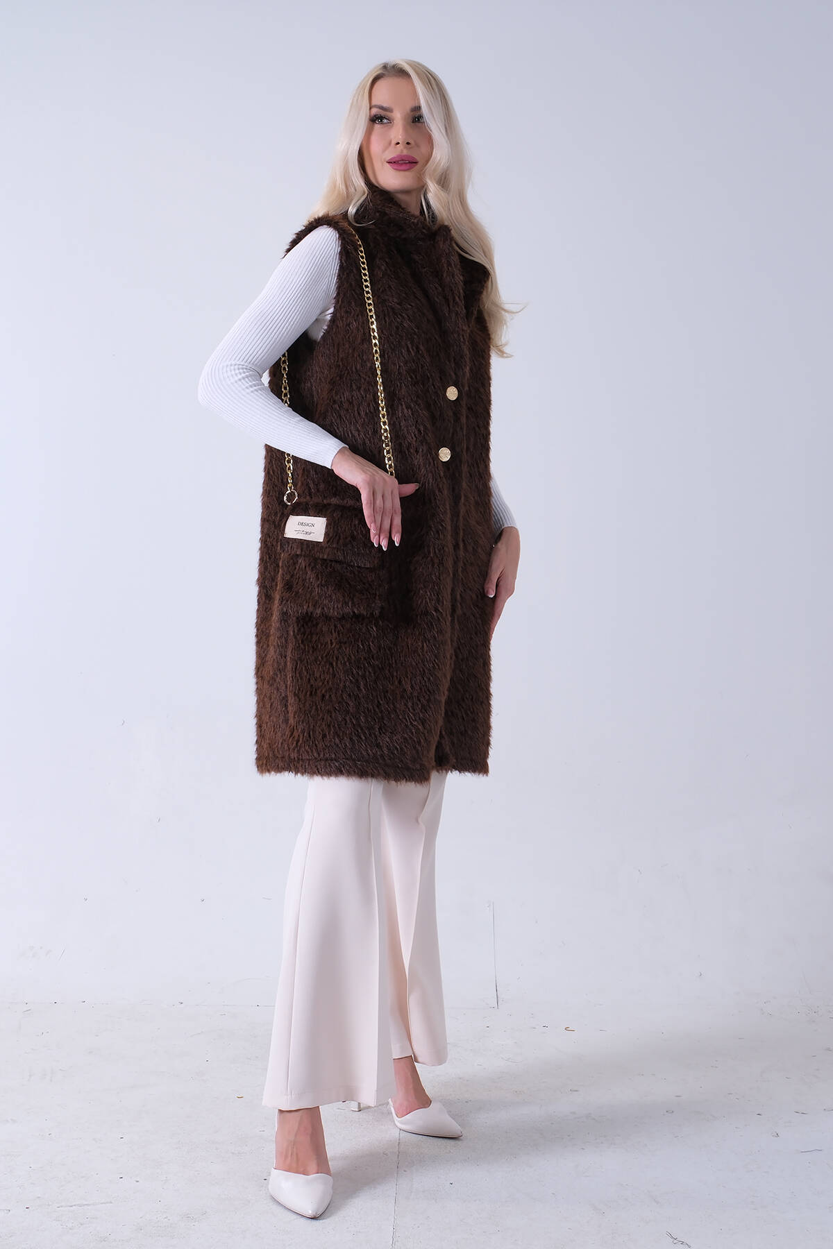 Kahve Çanta Aksesuarlı Tek Düğmeli Yün Yelek 31070199.05 - Ardanewline (1)