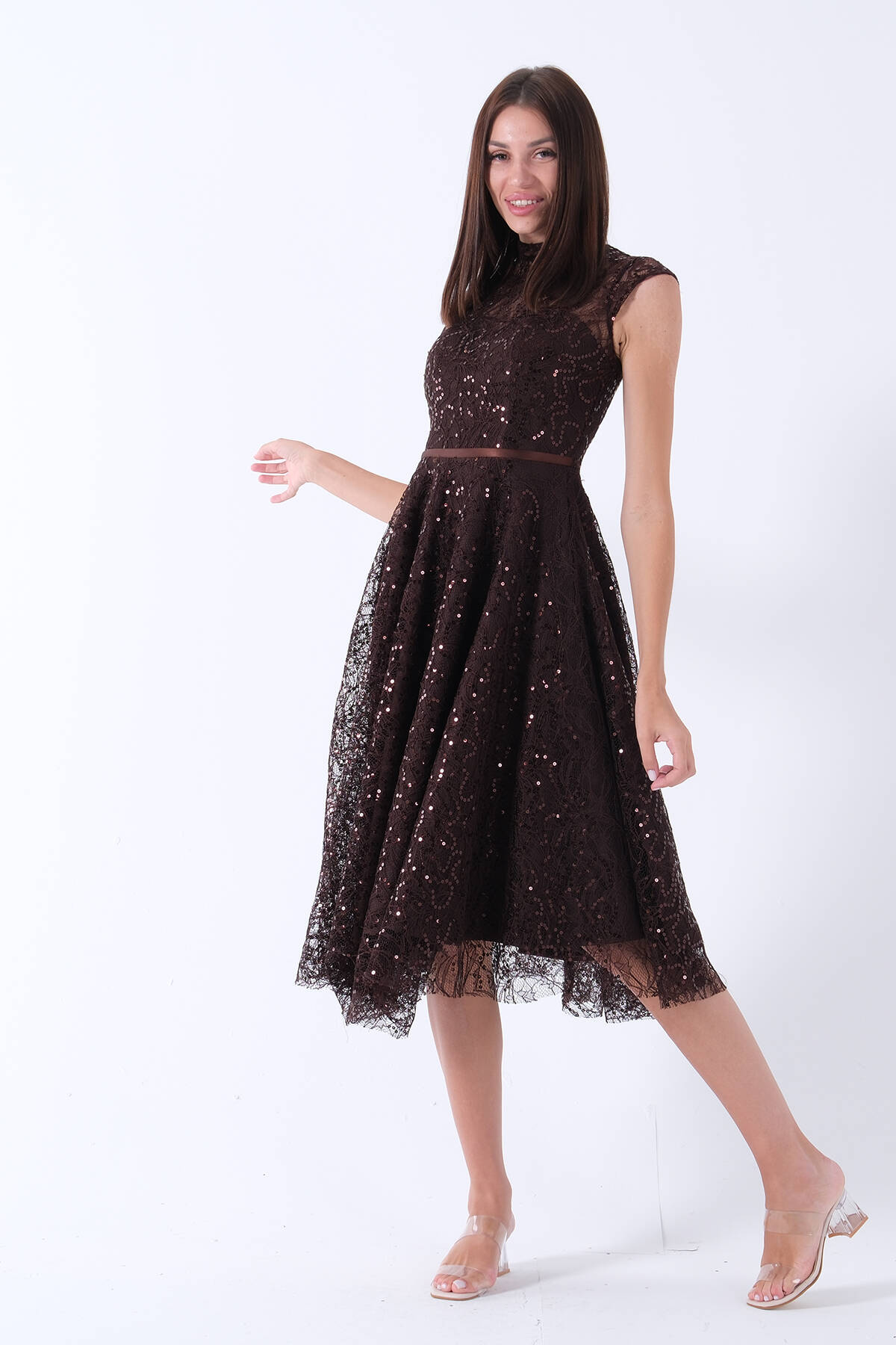 Kahve Dantelli Pullu Midi Boy Abiye 9705960.05 