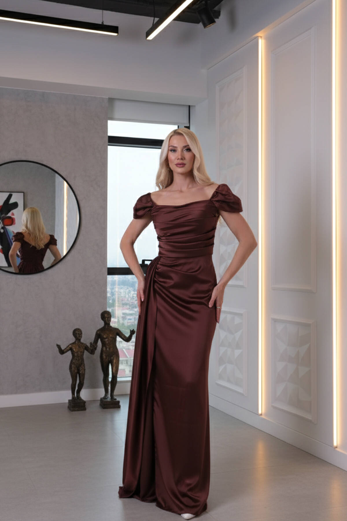 Kahve Drape Detaylı Saten Kumaş Abiye Elbise 9704858.05 Kahve