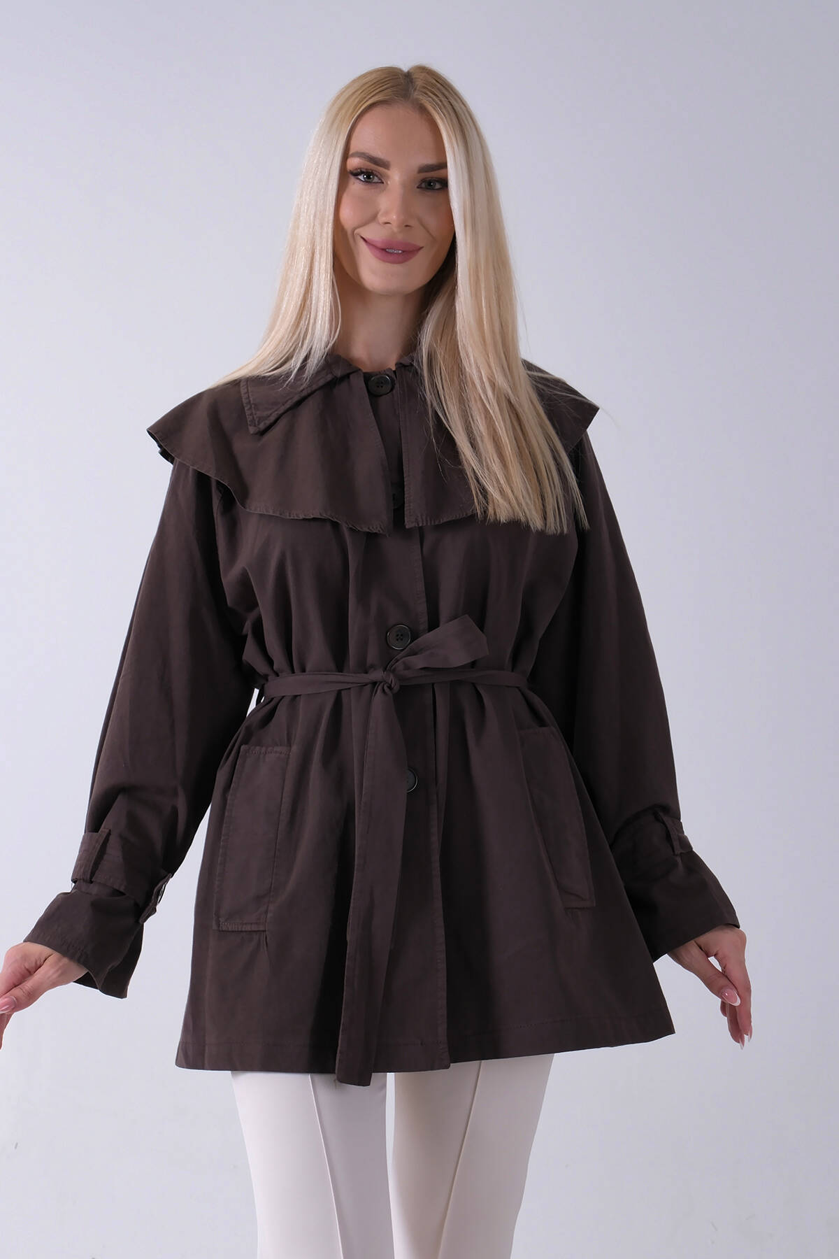 Kahve Düğme Kapamalı Kuşaklı Yandan Cepli Trenç 422235.05 - Ardanewline