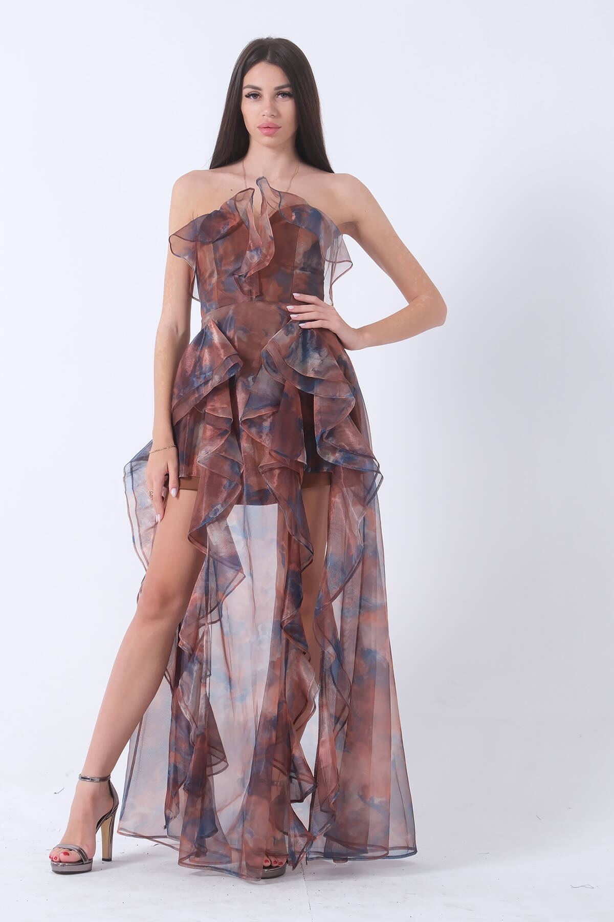 Kahve Fırfırlı Tül Şifon Abiye Elbise 0802000.05 