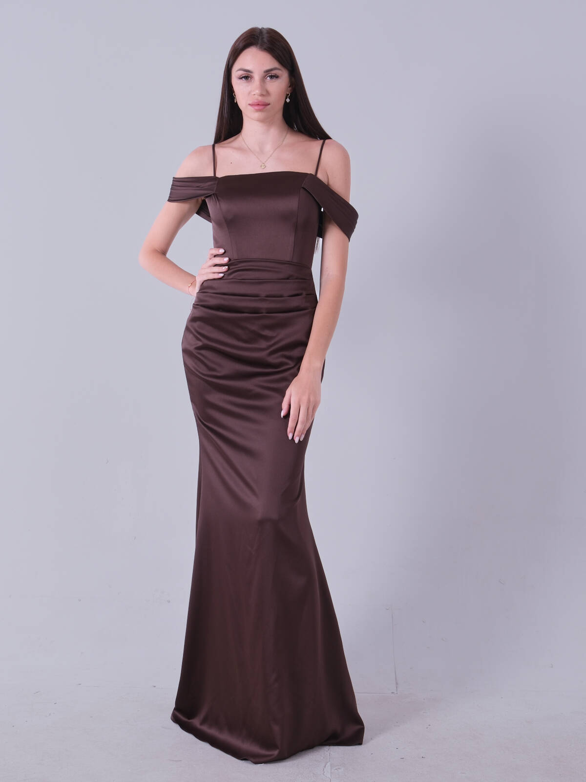 Kahve İp Askılı Straplez Saten Abiye Elbise 9705903.05 Kahve