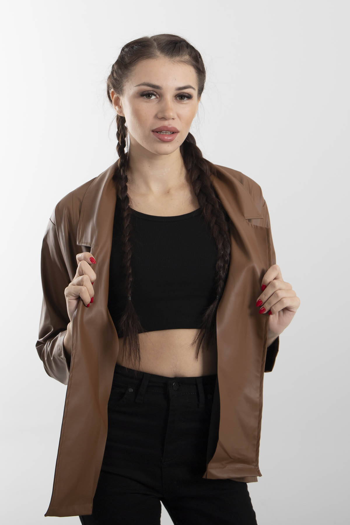 Kahve Klasik Yaka Kapamasız Deri Ceket 0809117.05 