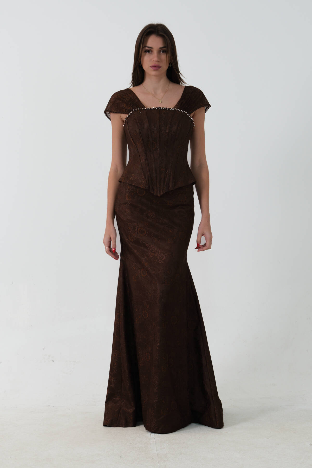 Kahve Korse Detaylı Dantel Kapamalı Düşük Omuz Abiye 9705791.05 Kahve