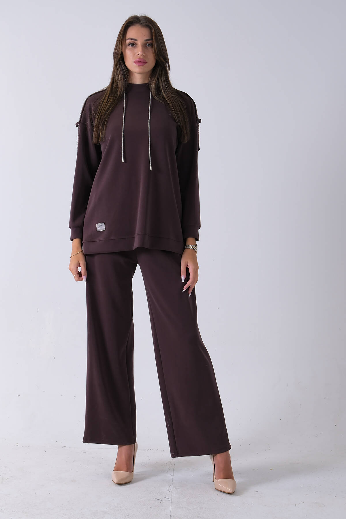 Kahve Omuz Apolet Detaylı Yakası İpli Tunik Pantolonlu Takım 4577281.05 - Ardanewline