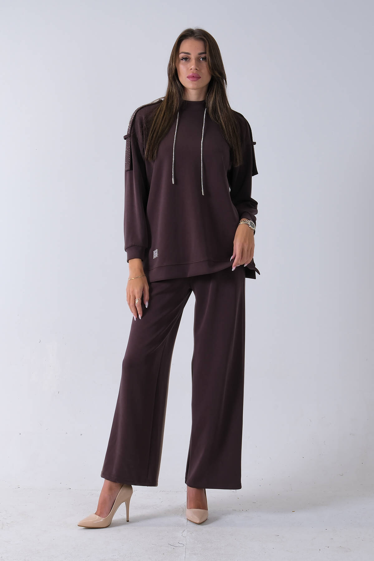 Kahve Omuz Apolet Detaylı Yakası İpli Tunik Pantolonlu Takım 4577281.05 - Ardanewline (1)