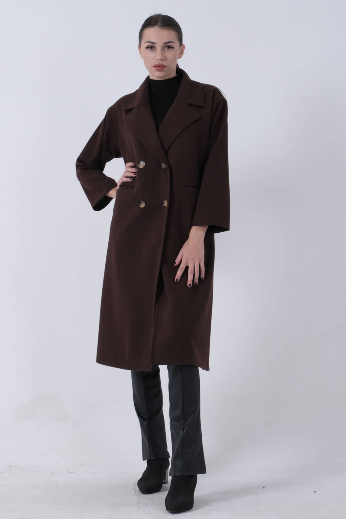 Kahve Önden Düğmeli Oversize Örme Kaşe Kaban 0108068.05 - Ardanewline