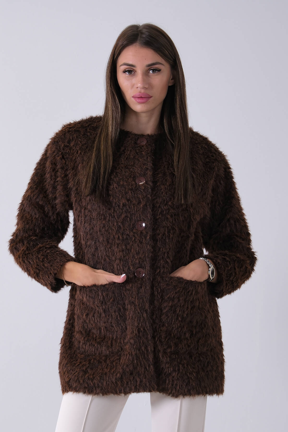 Kahve Önü 4 Düğme Kapamalı Çift Cepli Kuşaklı Kap 940140187.05 - Ardanewline