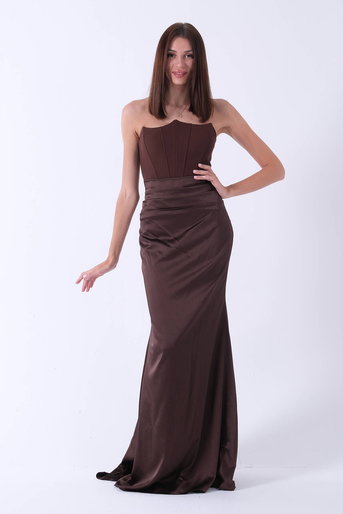 Kahve Önü Drape Detaylı Straplez Abiye 9705744.05 