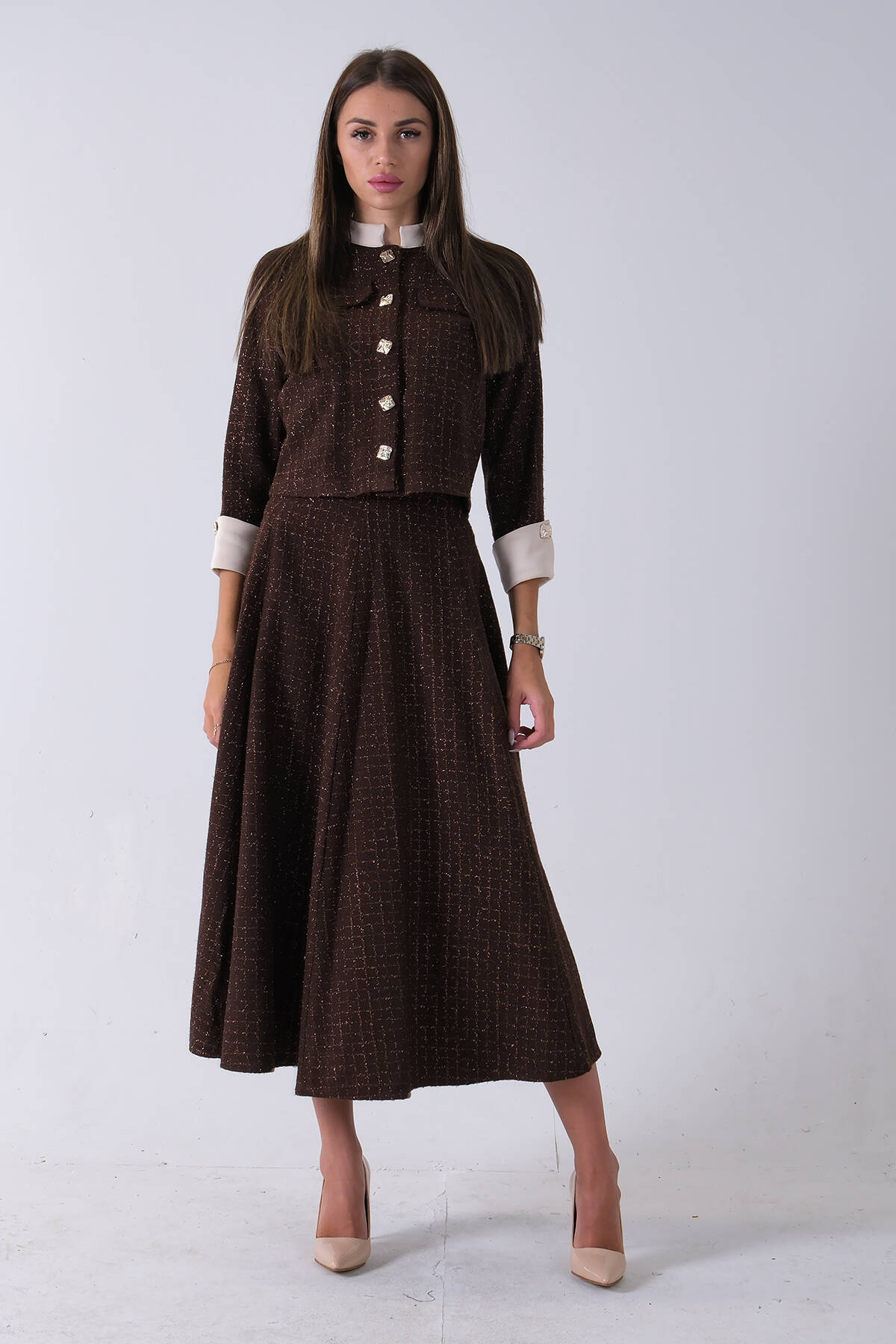 Kahve Önü Düğme Kapamalı Crop Ceket Etekli Tüvid Takım 45950601.05 Kahve