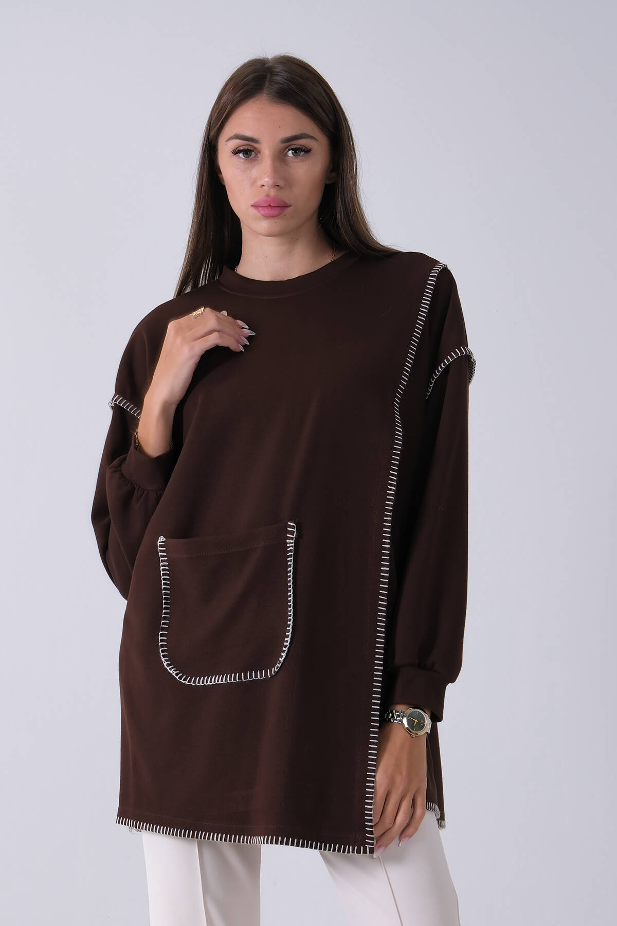 Kahve Önü Kanguru Cep Detaylı Çizgi Dikişli Bisiklet Yaka Tunik 940170263.05 - Ardanewline (1)