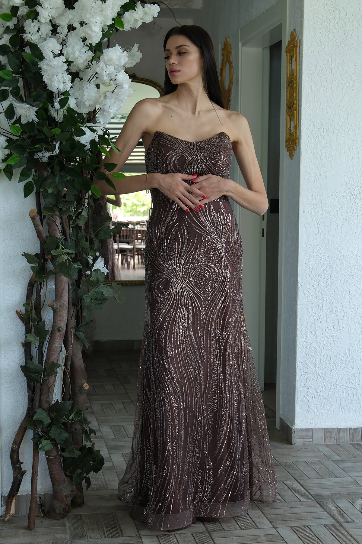 Kahve Taş İşlemeli Uzun Balık Abiye 0801056.05 Kahve