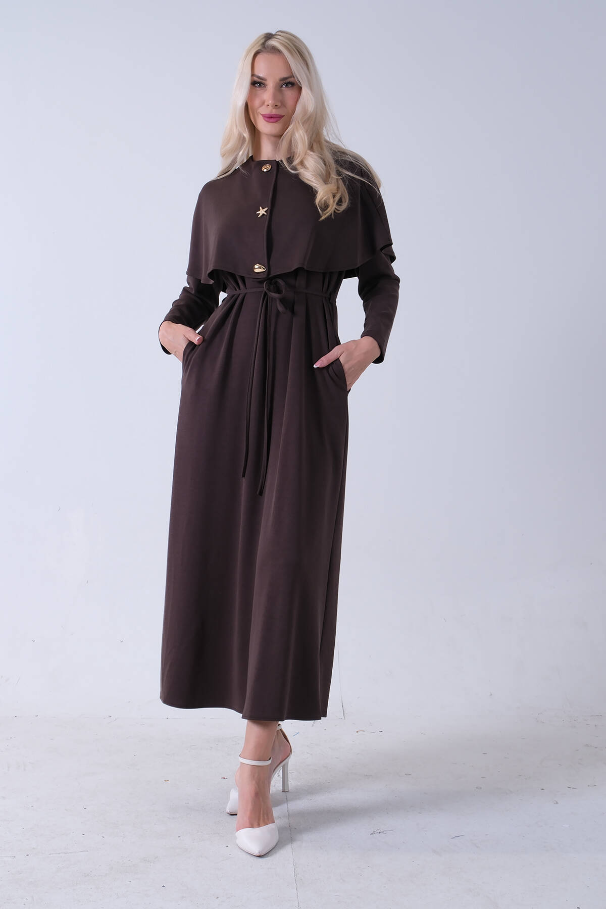 Kahve Üzeri Kendinden Şallı Kemer Bağlamalı Tesettür Elbise 4571581.05 - Ardanewline