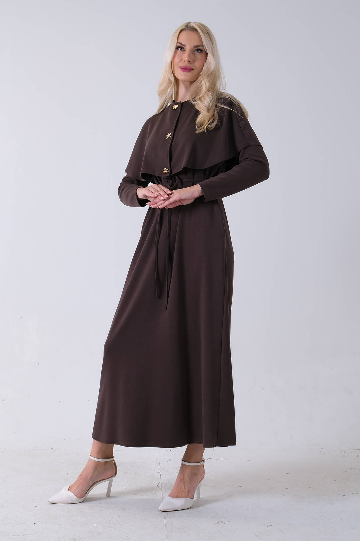 Kahve Üzeri Kendinden Şallı Kemer Bağlamalı Tesettür Elbise 4571581.05 - Ardanewline (1)