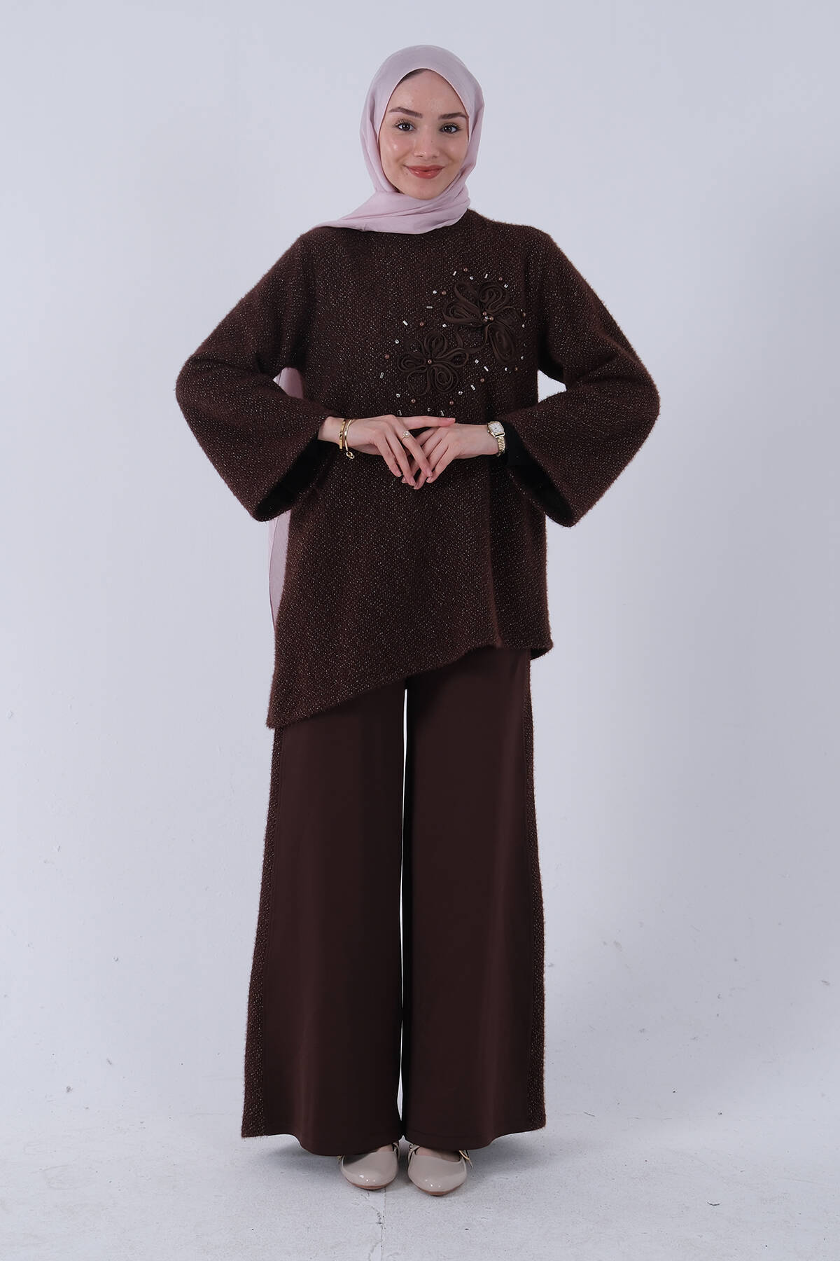 Kahve Üzeri Taş ve Gül İşlemeli Tunik Pantolonlu Takım 4577443.05 
