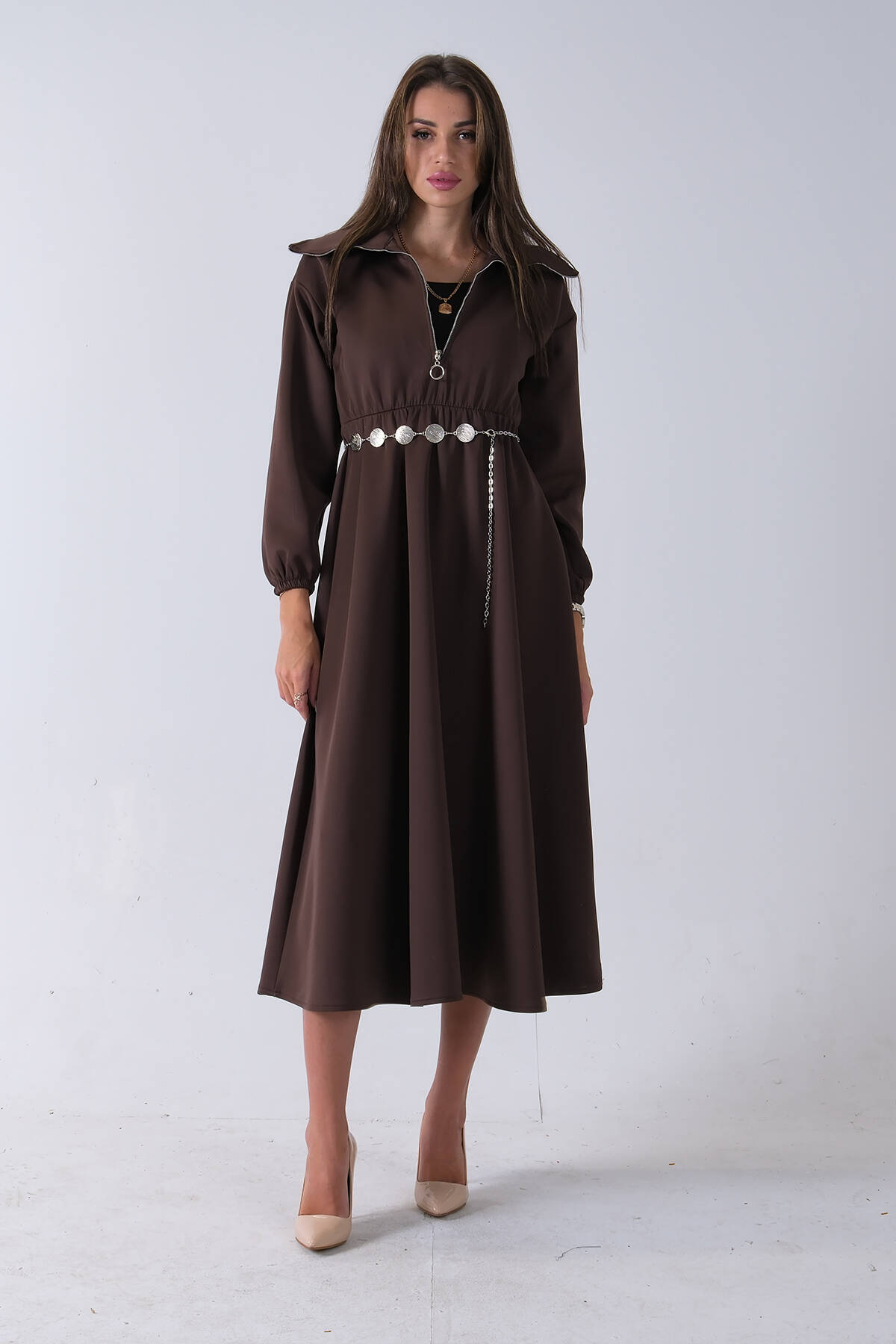 Kahve Yaka Fermuar Detaylı Bel ve Bileği Lastikli Kemerli Scuba Elbise 4593455.05 Kahve