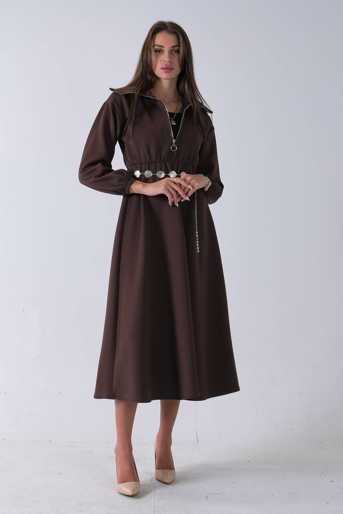 Kahve Yaka Fermuar Detaylı Bel ve Bileği Lastikli Kemerli Scuba Elbise 4593455.05 - Ardanewline (1)