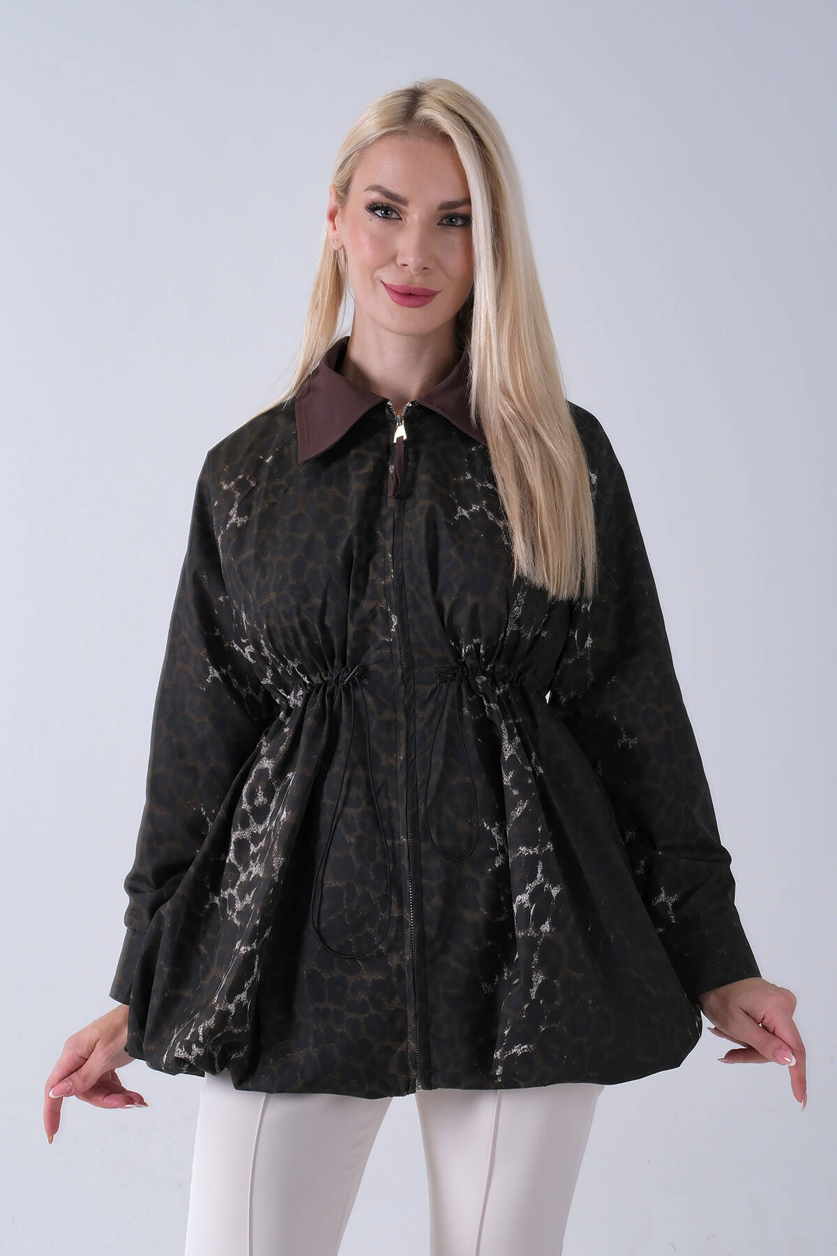 Kahve Yaka Garnili Leopar Desenli Beli Lastikli Trenç 5309347.05 - Ardanewline (1)