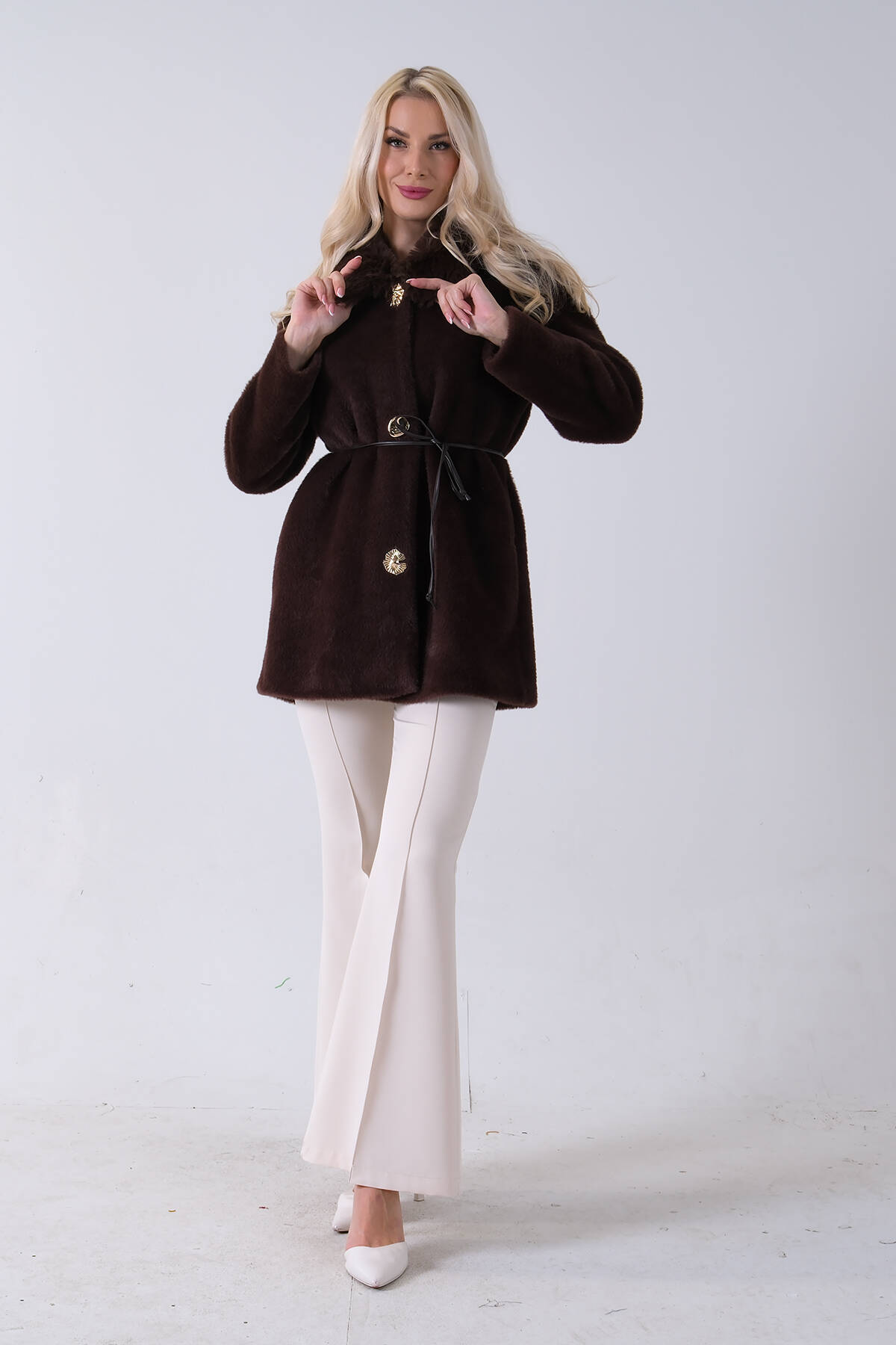 Kahve Yaka Kürklü Deri Bağcık Bağlamalı Yün Peluş Mont 4579038.05 - Ardanewline