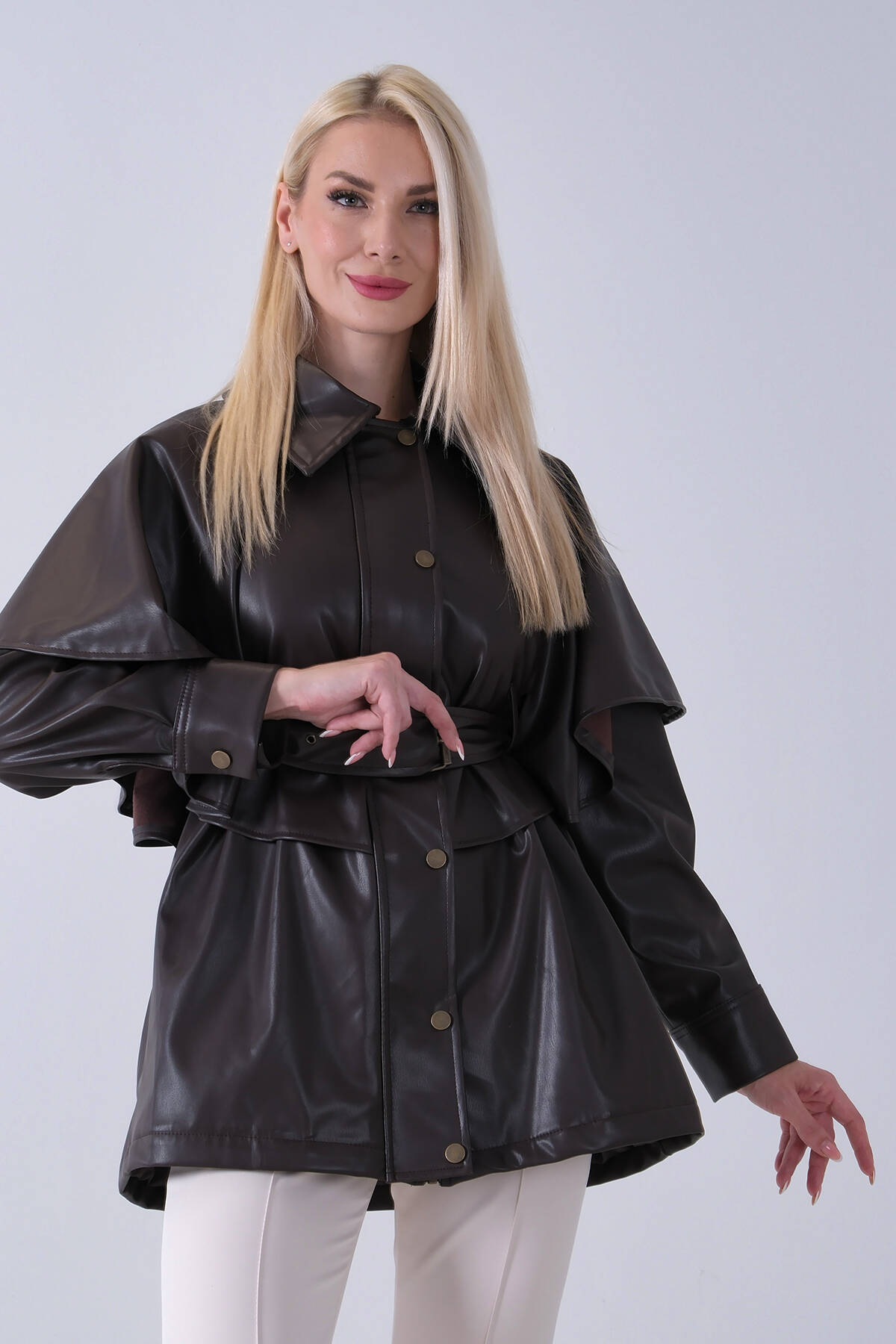 Kahve Yakalı Kendinden Pelerinli Kemerli Deri Ceket 5309366.05 - Ardanewline (1)