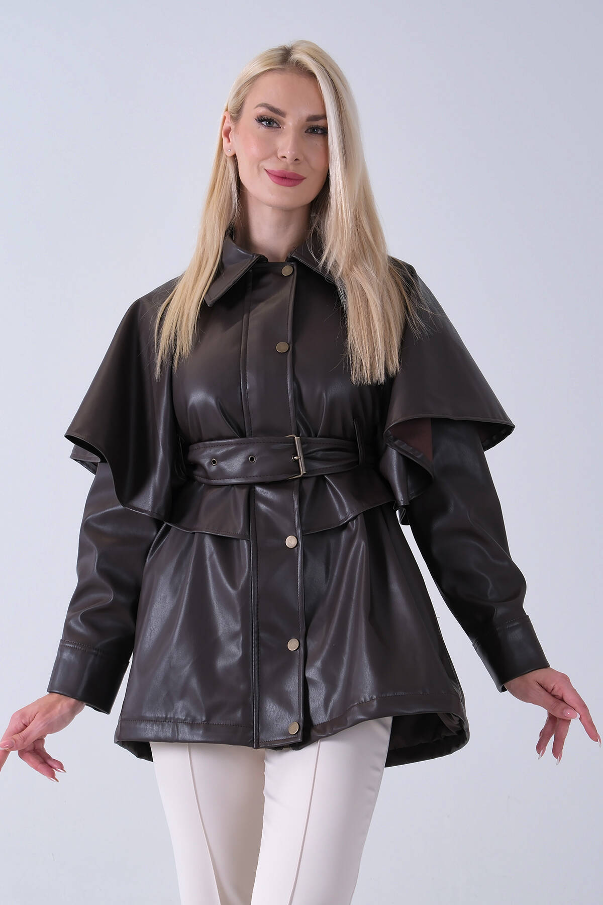 Kahve Yakalı Kendinden Pelerinli Kemerli Deri Ceket 5309366.05 - Ardanewline