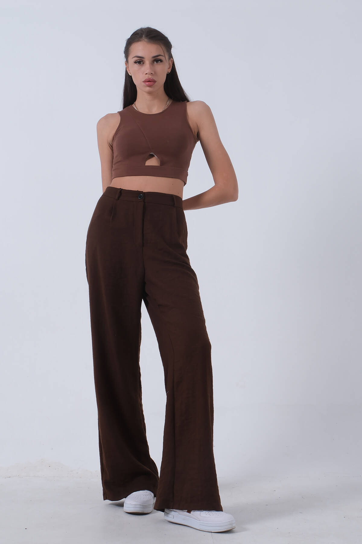 Kahve Yüksek Bel Bol Paça Keten Pantolon 01020661.05 