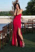 Kırmızı Askılı Yırtmaç Detaylı Drapeli Abiye 9705289.08 Kırmızı