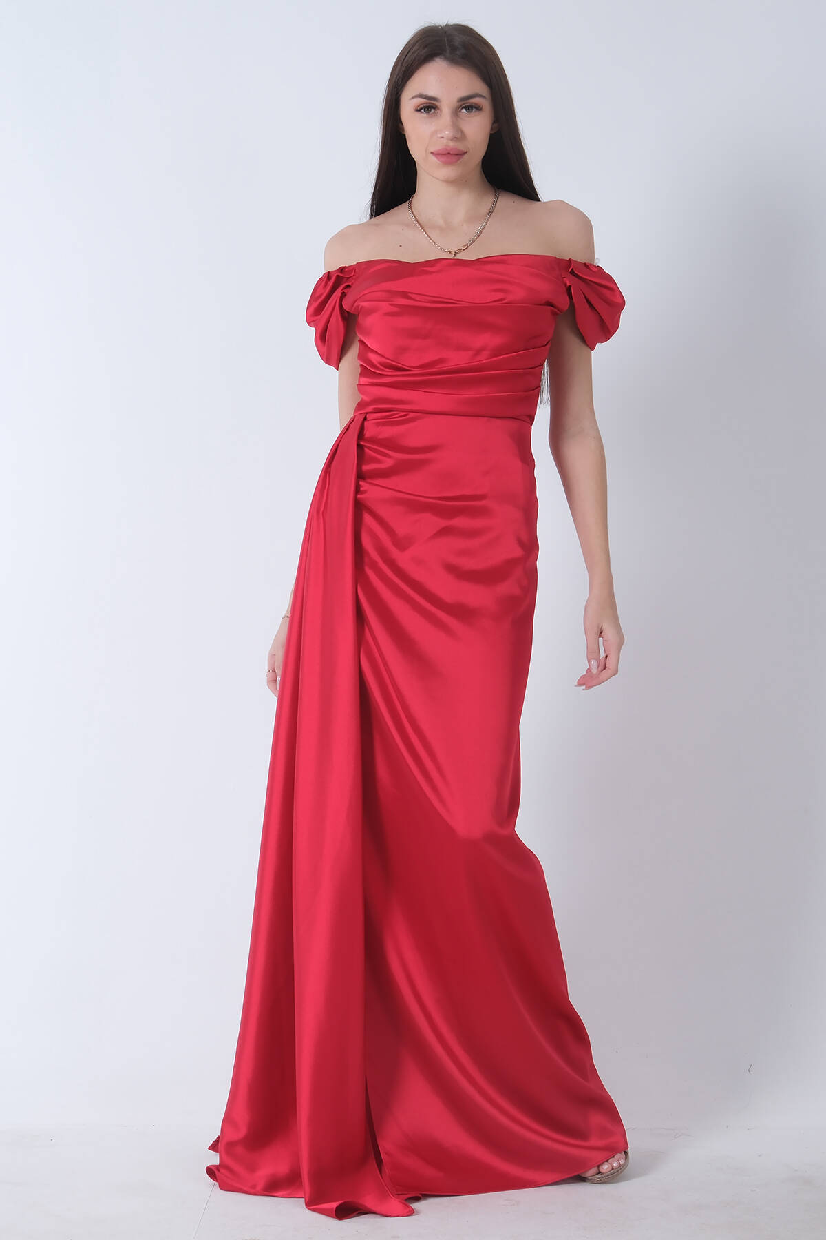 Kırmızı Drape Detaylı Saten Kumaş Abiye Elbise 9704858.08 