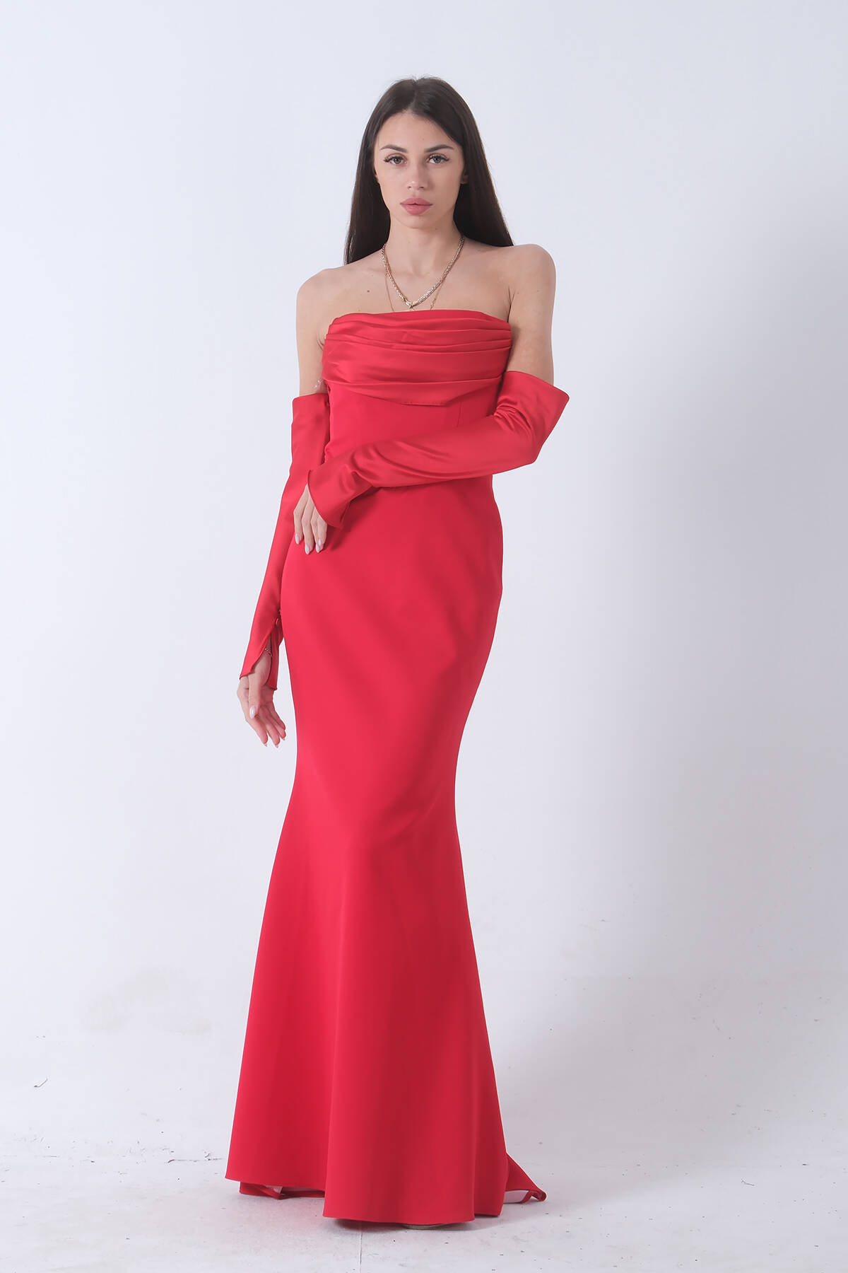 Kırmızı Drapeli Düğme Detaylı Uzun Abiye 9705361.08 