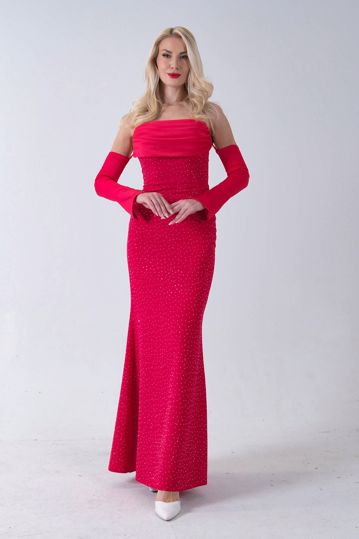 Kırmızı Drapeli Üzeri Işıltı Nokta Detaylı Kollu Abiye 0802502.08 Kırmızı