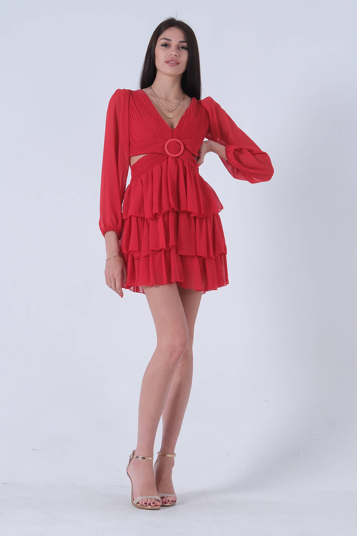 Kırmızı Fırfırlı Dekolteli Mini Şifon Abiye Elbise 9705278.08 Kırmızı