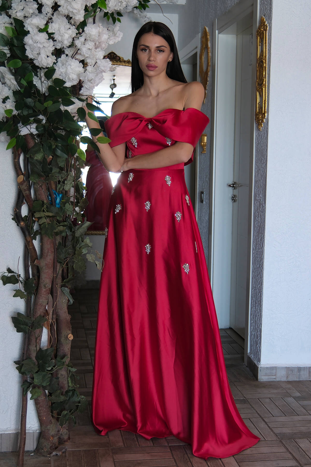 Kırmızı Fiyonk Yaka Taş Detaylı Abiye 9705541.08 Kırmızı