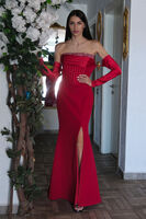 Kırmızı Göğüs Taş İşleme Detaylı Drapeli Abiye 9705446.08 Kırmızı