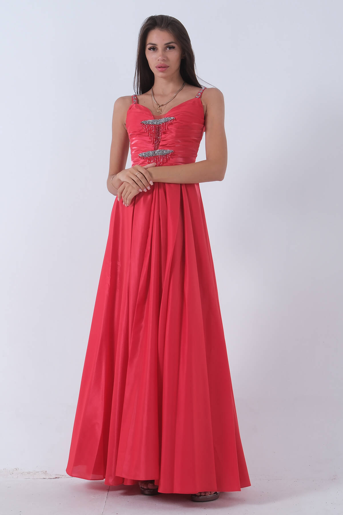 Kırmızı Kalın Askılı Saten Abiye Elbise 9705319.08 