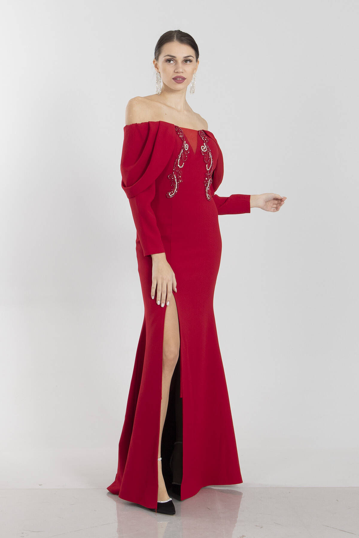 Kırmızı Kayık Yaka Taşlı Abiye Elbise 9705060.08 