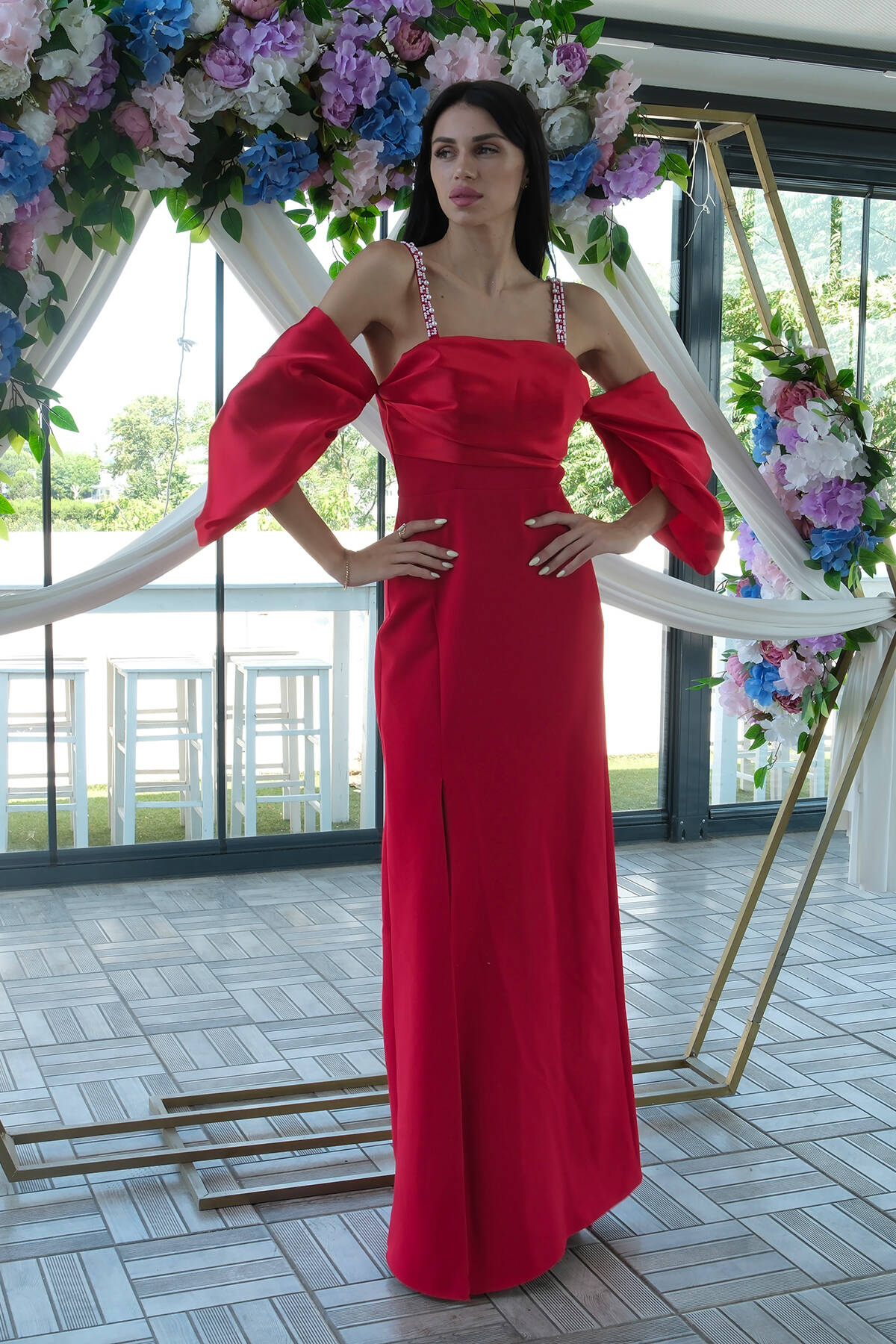 Kırmızı Kolları Şifon Yırtmaçlı Abiye 9705139.08 Kırmızı