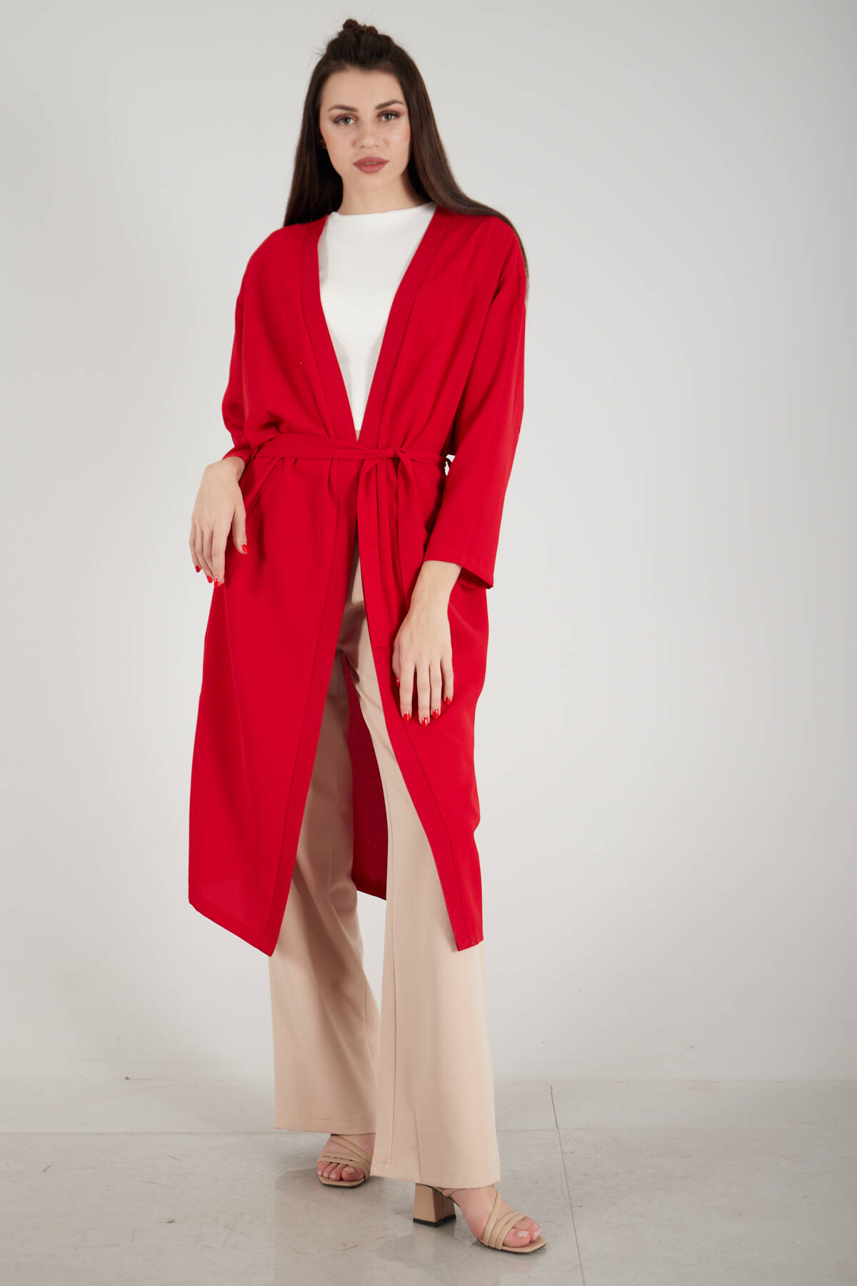 Kırmızı Krep Belden Kuşaklı Kimono 0107121.08 