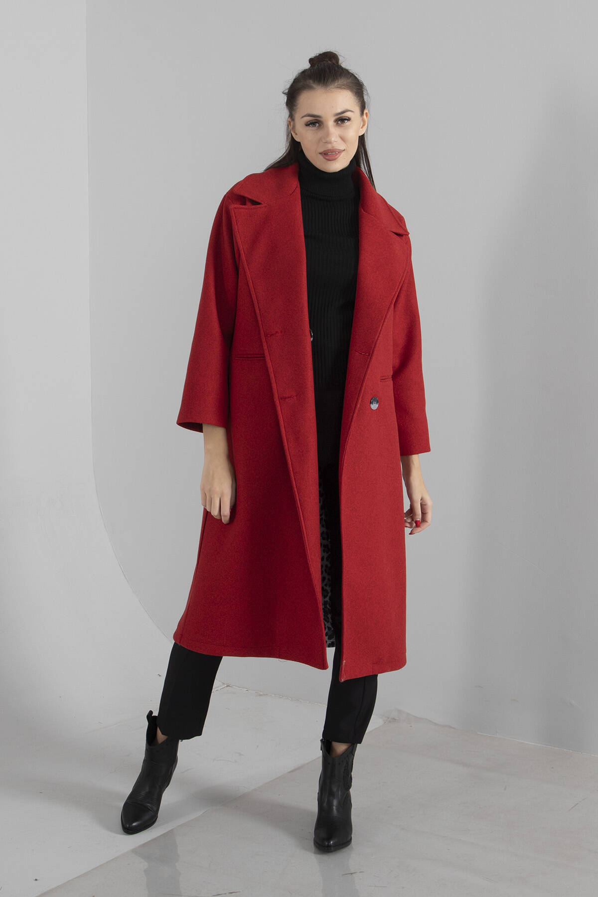 Kırmızı Önden Düğmeli Oversize Örme Kaşe Kaban 0108068.08 - Ardanewline (1)