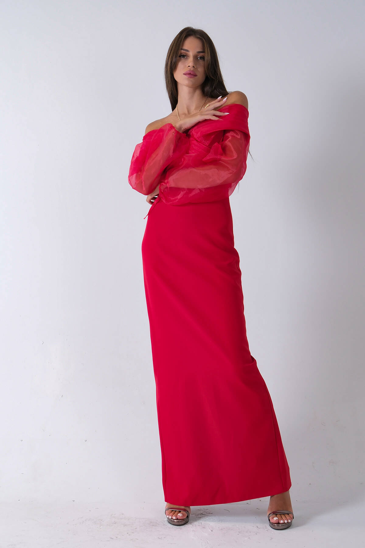 Kırmızı Organze Kol Detaylı Kayık Yaka Abiye 0801086.08 Kırmızı