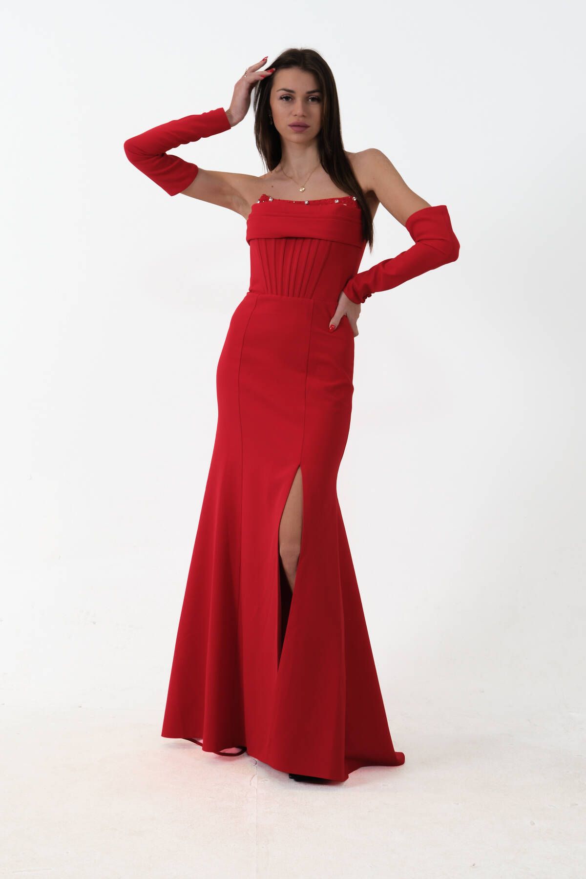 Kırmızı Takma Kol Önü Drapeli Taş Detaylı Yırtmaçlı Abiye 0801146.08 Kırmızı