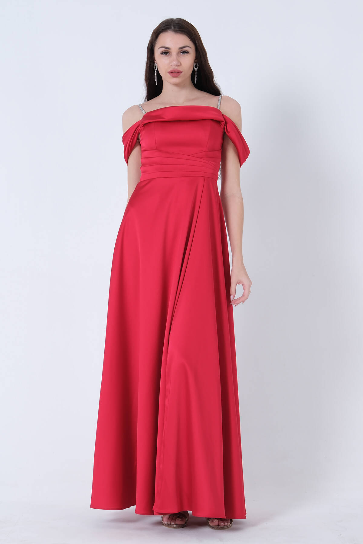 Kırmızı Taş Askılı Düşük Kol Saten Abiye 0806118.08 