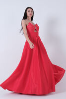 Kırmızı Taş Askılı Parlak Saten Kumaş Bel Dekolteli Abiye 9705261.08 