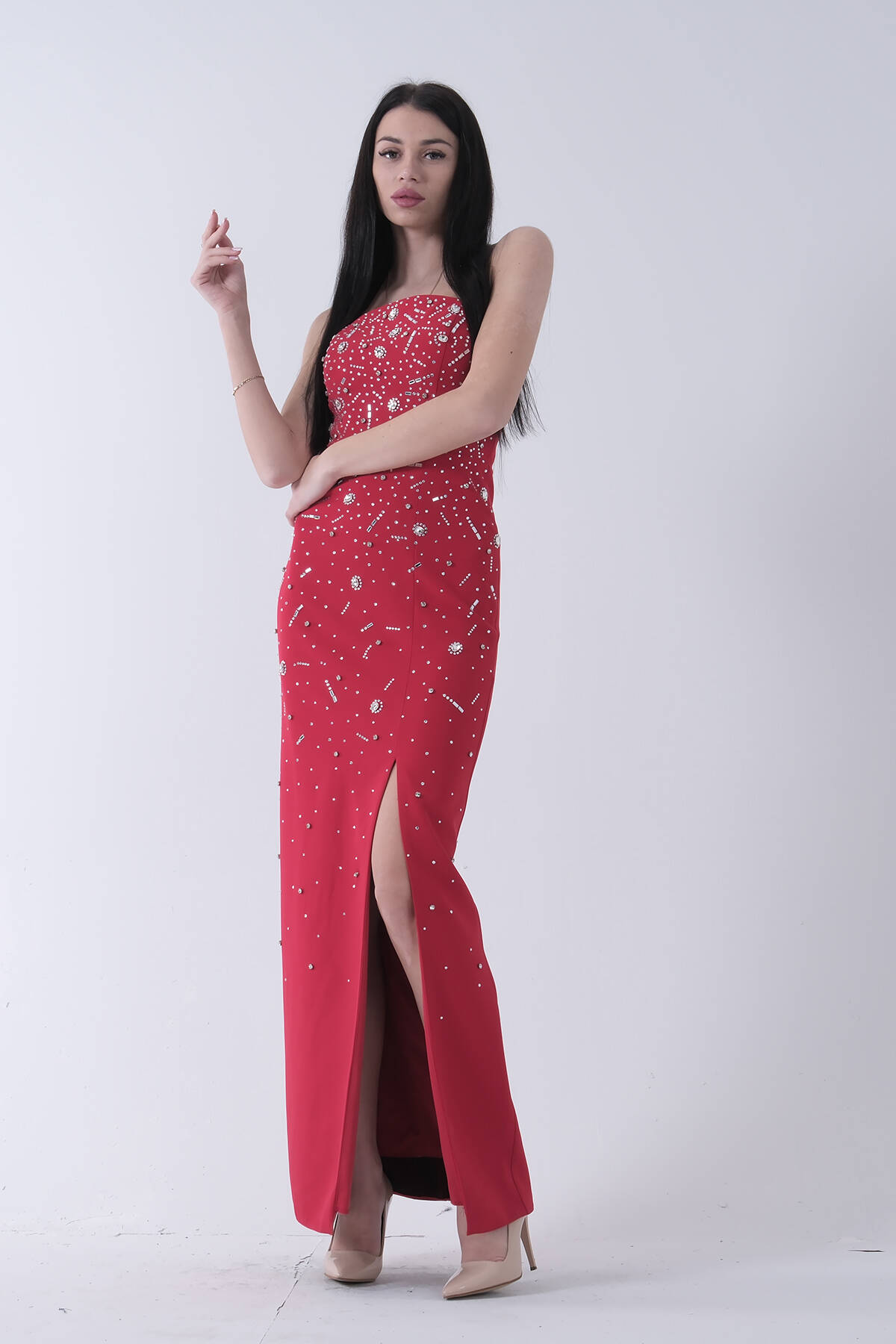 Kırmızı Taş İşlemeli Straplez Yırtmaçlı Abiye 0801045.08 