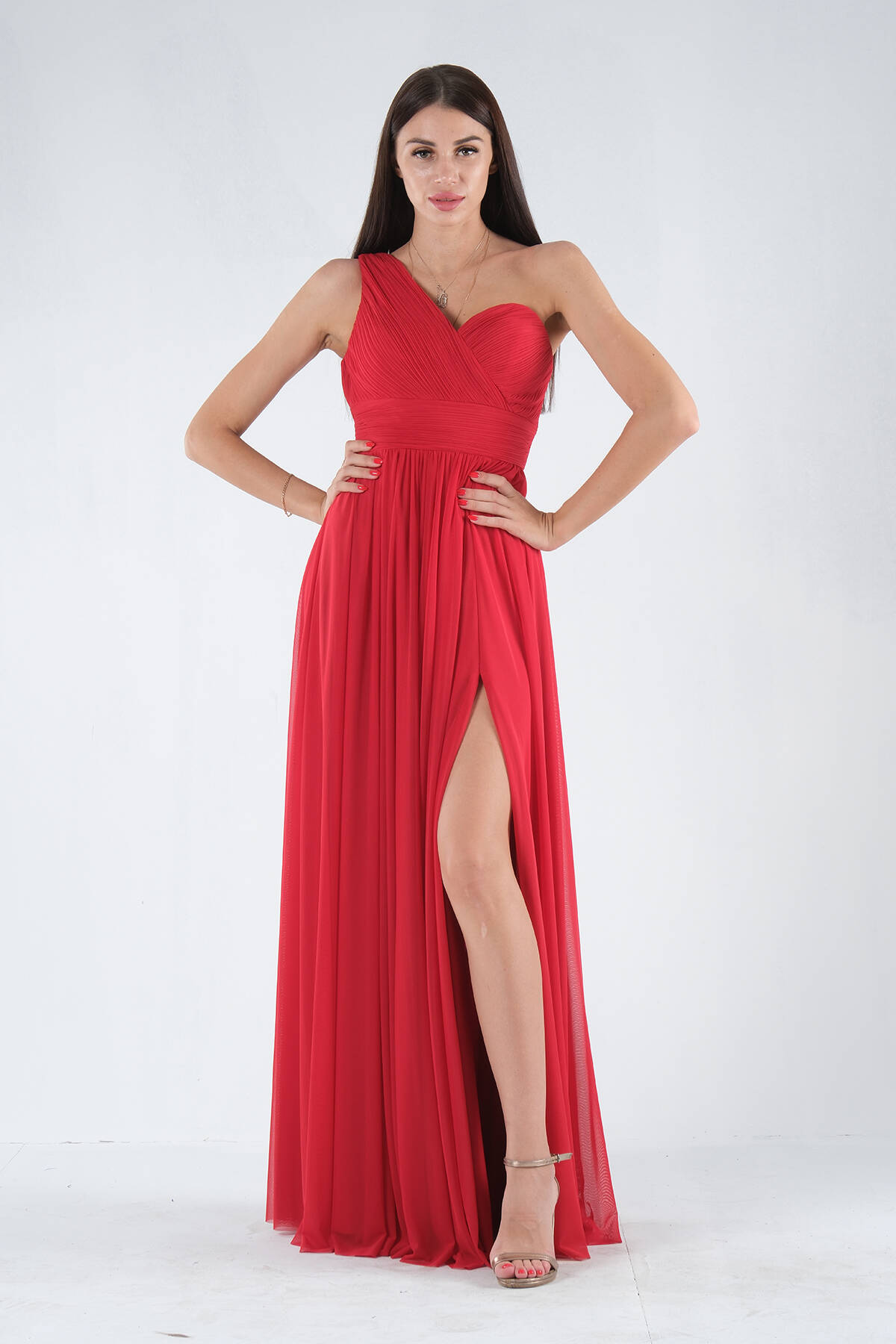 Kırmızı Tek Omuz Yırtmaçlı Abiye 9705155.08 