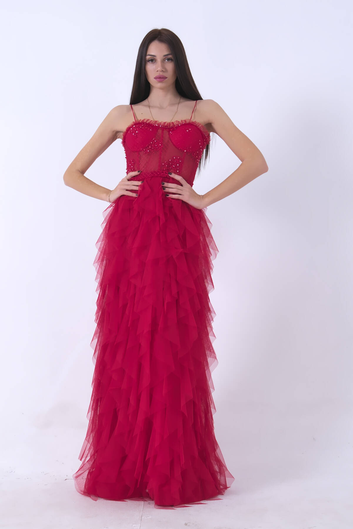 Kırmızı Transparan Taşlı Eteği Fırfırlı Abiye 9705034.08 