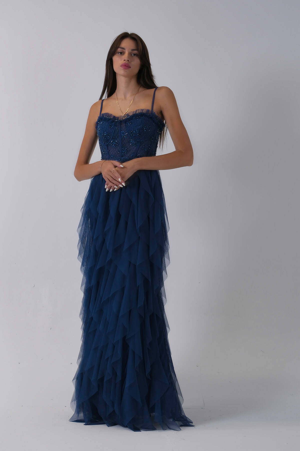 Koyu İndigo Transparan Taşlı Eteği Fırfırlı Abiye 9705034.457 Koyu İndigo
