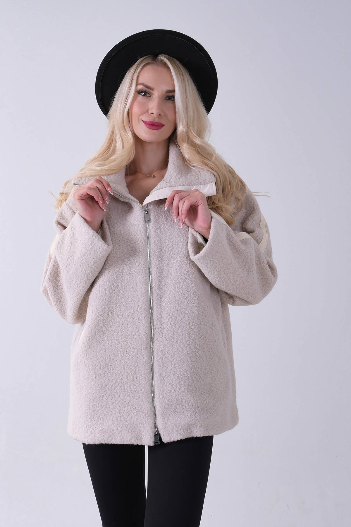 Krem Ön Fermuarlı Deri Biyeli Kıvırcık Mont 3971200.19 - Ardanewline