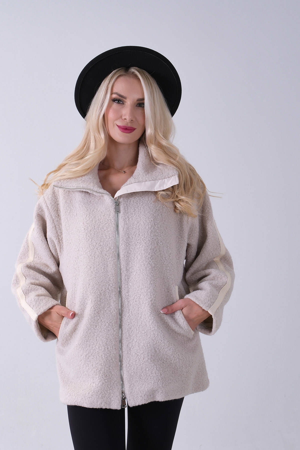 Krem Ön Fermuarlı Deri Biyeli Kıvırcık Mont 3971200.19 - Ardanewline (1)